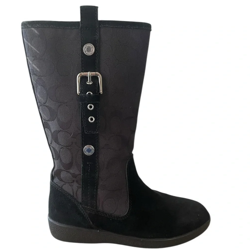 Coach Logo Boots Black Suede Canvass Monogram Mid-Calf‎ 